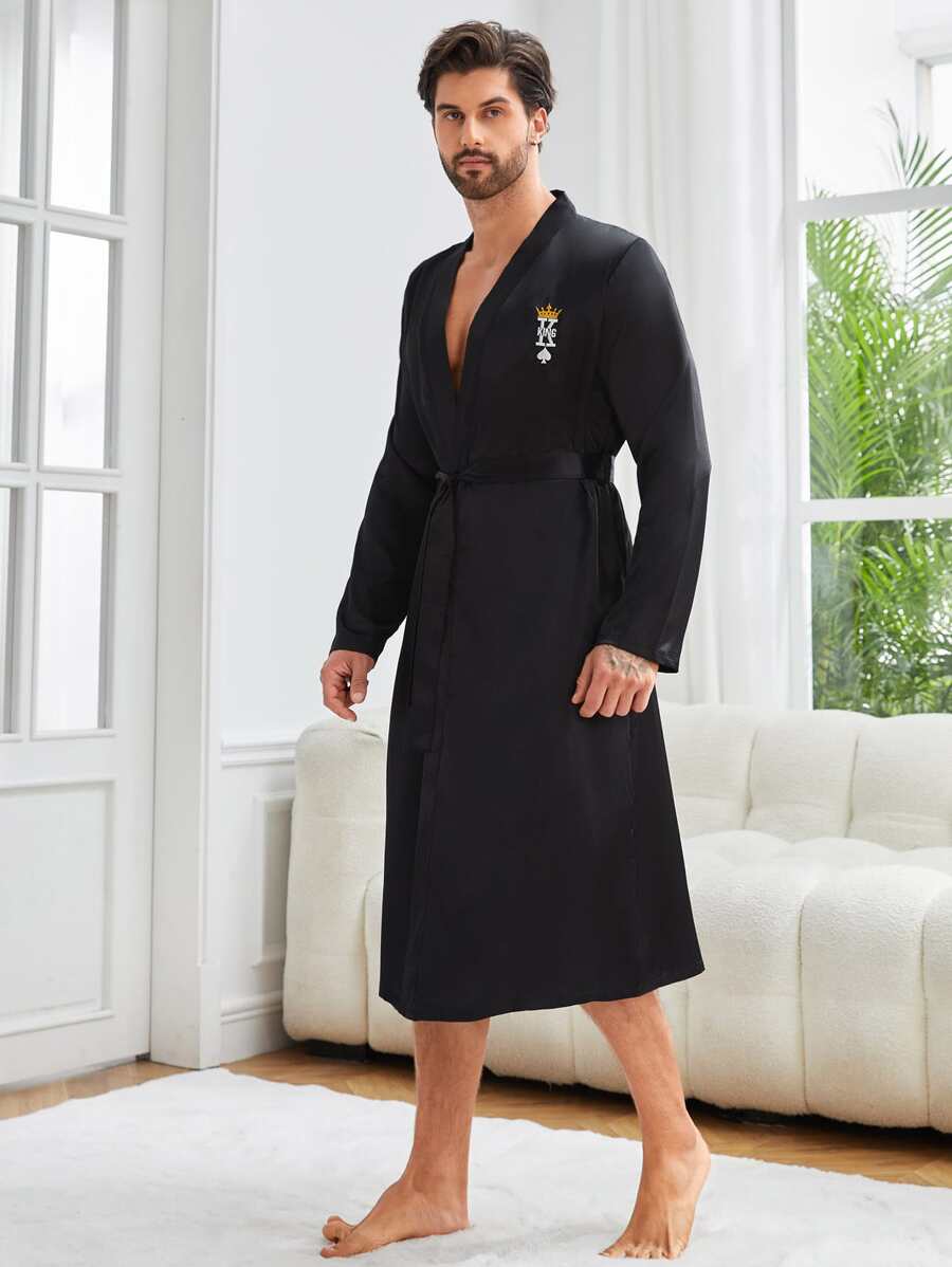 Men 1pc Letter Embroidery Belted Sleep Robe - Black - View 1