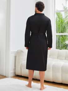 Men 1pc Letter Embroidery Belted Sleep Robe - Black - View 6