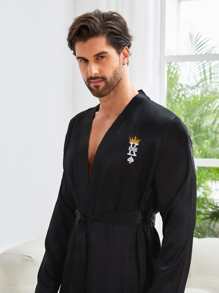 Men 1pc Letter Embroidery Belted Sleep Robe - Black - View 3
