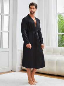 Men 1pc Letter Embroidery Belted Sleep Robe - Black - View 4