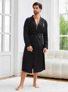 Men 1pc Letter Embroidery Belted Sleep Robe - Black - View 5