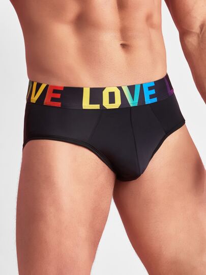 Guys 1pc Contrast Letter Tape Brief