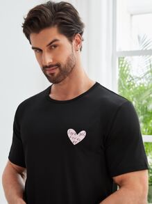 Hombres con estampado de corazón Camiseta de dormir & con estampado de cuadros Pantalones de dormir - Blanco y Negro - Ver 3