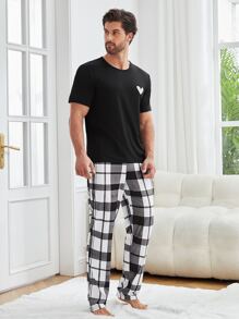 Hombres con estampado de corazón Camiseta de dormir & con estampado de cuadros Pantalones de dormir - Blanco y Negro - Ver 4