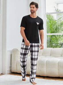 Hombres con estampado de corazón Camiseta de dormir & con estampado de cuadros Pantalones de dormir - Blanco y Negro - Ver 1