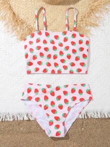 Teen Girls Strawberry Print Bikini Set Summer Beach - Pink - View 4