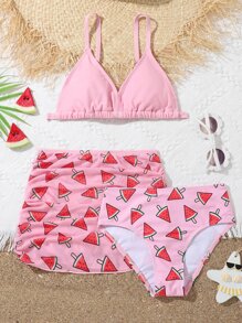 Tween Girl Watermelon Print Bikini Set With Beach Skirt Summer Beach - Pink - View 1