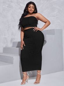 Slaydiva 大碼紋理質感抹胸上衣和鉛筆裙 - 黑色 - 查看 1