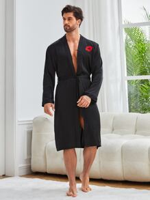 Men 1pc Embroidery Detail Belted Sleep Robe - Black - View 1