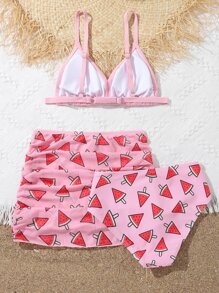 Tween Girl Watermelon Print Bikini Set With Beach Skirt Summer Beach - Pink - View 2
