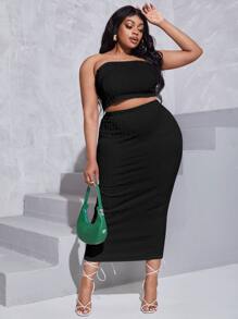 Slaydiva 大碼紋理質感抹胸上衣和鉛筆裙 - 黑色 - 查看 3