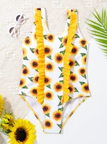 Chicas Bañador una pieza con estampado de girasol ribete con fruncido - Multicolor - Ver 1