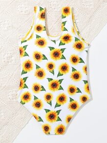 Chicas Bañador una pieza con estampado de girasol ribete con fruncido - Multicolor - Ver 2