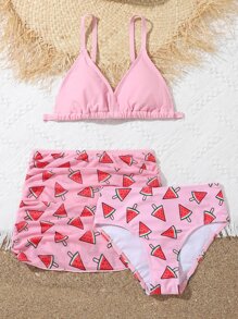 Tween Girl Watermelon Print Bikini Set With Beach Skirt Summer Beach - Pink - View 4