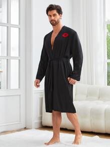 Men 1pc Embroidery Detail Belted Sleep Robe - Black - View 4
