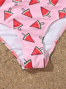 Tween Girl Watermelon Print Bikini Set With Beach Skirt Summer Beach - Pink - View 5