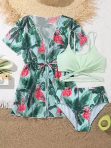 Tween Girl Flamingo & Tropical Print Bikini Set With Kimono Summer Beach - Green - View 1