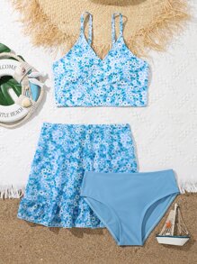 青少年女孩碎花比基尼套装搭配沙滩裙夏日海滩