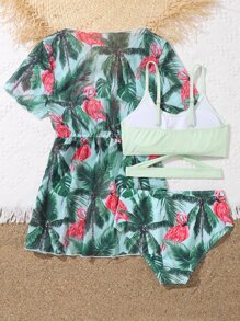 Tween Girl Flamingo & Tropical Print Bikini Set With Kimono Summer Beach - Green - View 2