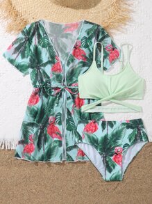 Tween Girl Flamingo & Tropical Print Bikini Set With Kimono Summer Beach - Green - View 4