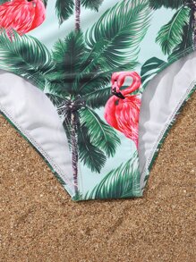 Tween Girl Flamingo & Tropical Print Bikini Set With Kimono Summer Beach - Green - View 5