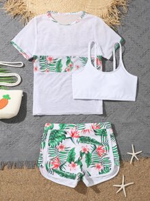Tween Girl Tropical Print Bikini Set With Cover Up Summer Beach - Multicolor - View 1