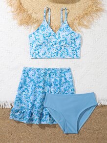 青少年女孩碎花比基尼套装搭配沙滩裙夏日海滩