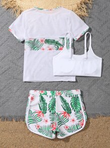 Tween Girl Tropical Print Bikini Set With Cover Up Summer Beach - Multicolor - View 2