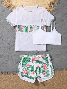 Tween Girl Tropical Print Bikini Set With Cover Up Summer Beach - Multicolor - View 4