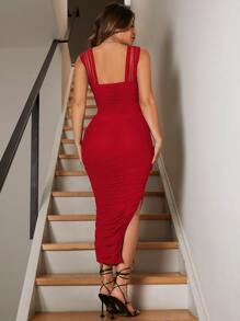 SHEIN SXY Prom Dress;Ruched Slit Hem Mesh Bodycon Dress - Burgundy - View 2