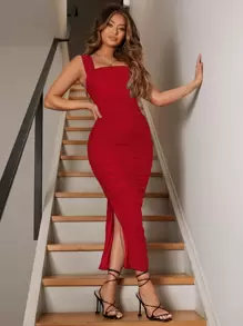 SHEIN SXY Prom Dress;Ruched Slit Hem Mesh Bodycon Dress - Burgundy - View 6