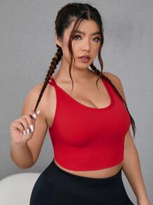 Yoga Basic Plus Solid Crisscross Back Crop Tank Top - Red - View 3