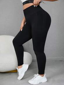 SHEIN Yoga Basic Leggings deportivos unicolor control de barriga - Negro - Ver 3