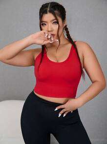Yoga Basic Plus Solid Crisscross Back Crop Tank Top - Red - View 4