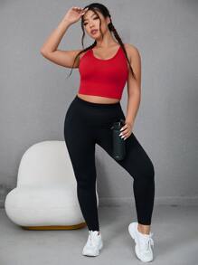 Yoga Basic Plus Solid Crisscross Back Crop Tank Top - Red - View 5