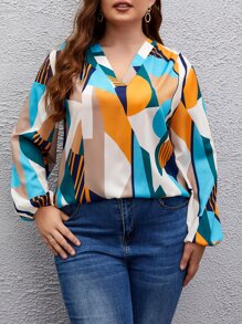 SHEIN LUNE Plus Striped & Geo Print Lantern Sleeve Blouse - Multicolor - View 1