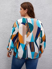 SHEIN LUNE Plus Striped & Geo Print Lantern Sleeve Blouse - Multicolor - View 2