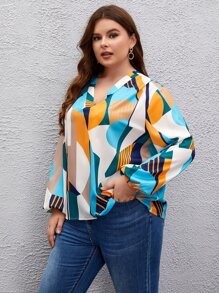 SHEIN LUNE Plus Striped & Geo Print Lantern Sleeve Blouse - Multicolor - View 3