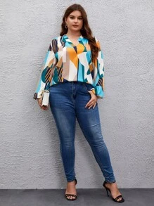 SHEIN LUNE Plus Striped & Geo Print Lantern Sleeve Blouse - Multicolor - View 5