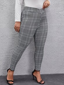 SHEIN Clasi 大碼格紋印花緊身打底褲 - 灰色 - 查看 4