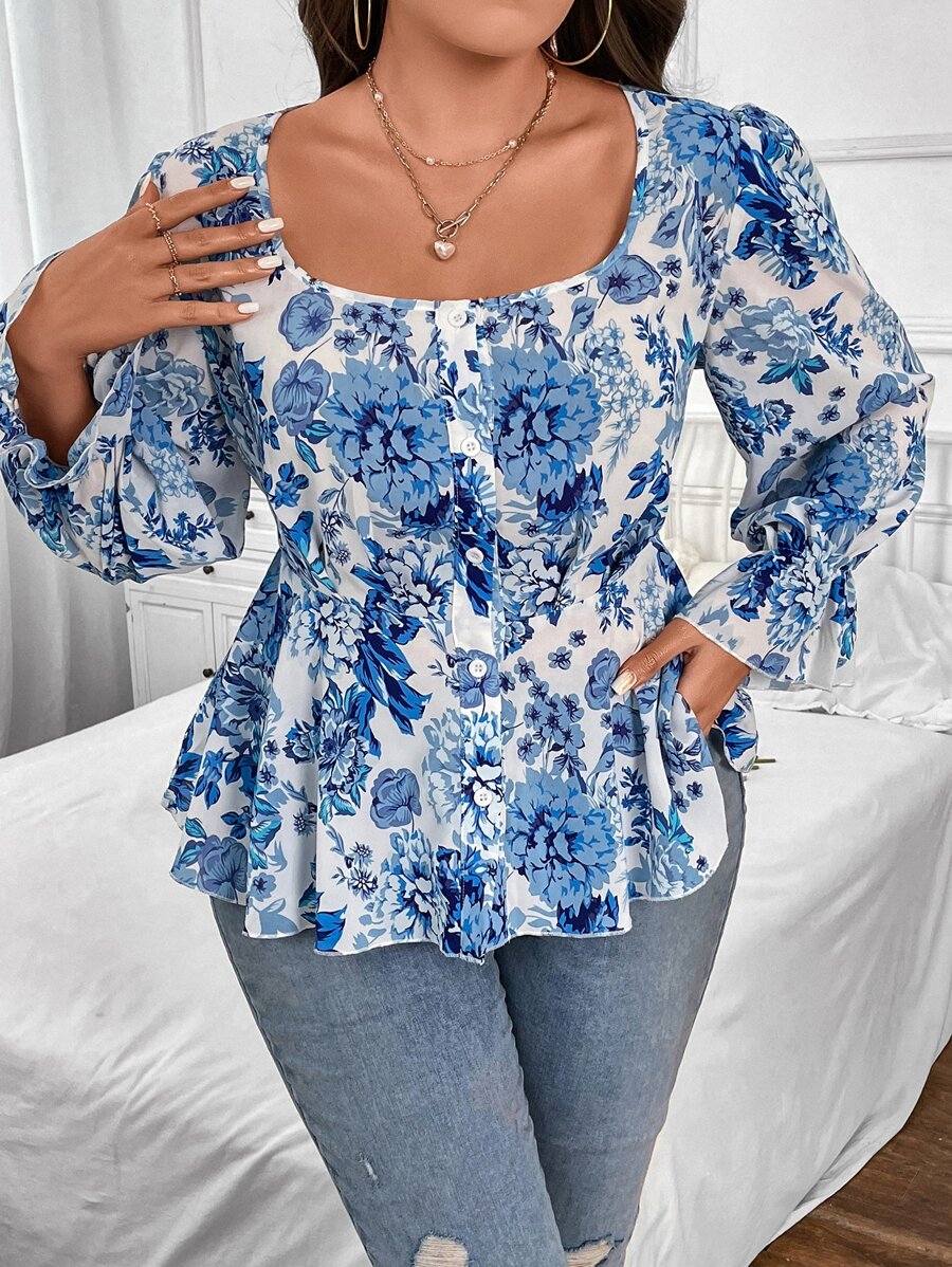 Flirla Plus Floral Print Flounce Sleeve Peplum Blouse - Blue and White - View 1