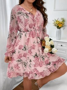 Franclia 大碼印花荷葉袖荷葉邊連衣裙 - 彩色 - 查看 3