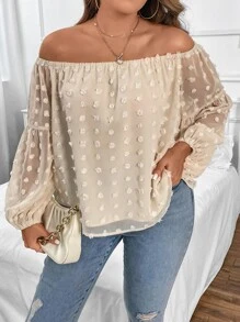 SHEIN Clasi Plus Swiss Dot Off Shoulder Lantern Sleeve Blouse - Apricot - View 1