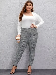 SHEIN Clasi 大碼格紋印花緊身打底褲 - 灰色 - 查看 6