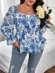 Flirla Plus Floral Print Flounce Sleeve Peplum Blouse - Blue and White - View 3