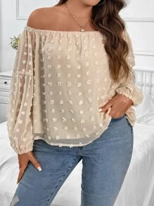 SHEIN Clasi Plus Swiss Dot Off Shoulder Lantern Sleeve Blouse - Apricot - View 3