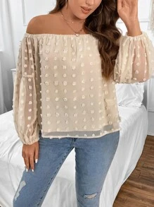 SHEIN Clasi Plus Swiss Dot Off Shoulder Lantern Sleeve Blouse - Apricot - View 4