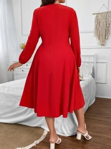SHEIN Clasi Plus Square Neck Tie Front Lantern Sleeve Dress - Red - View 2
