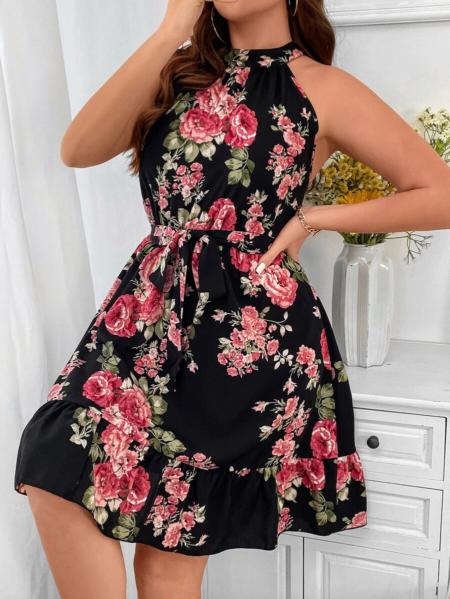 SHEIN LUNE Vestido halter con estampado floral bajo con fruncido con cinturón - Multicolor - Ver 1