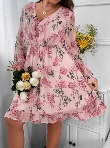 Franclia 大碼印花荷葉袖荷葉邊連衣裙 - 彩色 - 查看 6